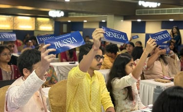 a man holding up signs in a room