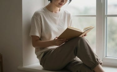 Person holding closed journal with private smile on window ledge in reflective mood of self-discover