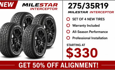 275/35R19 Milestar Interceptor new tire set available at Fast Tire Shop in Los Angeles. Set of 4 per