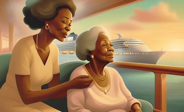 Filha cuida da mãe com Alzheimer durante cruzeiro, demonstrando carinho e atenção a bordo.