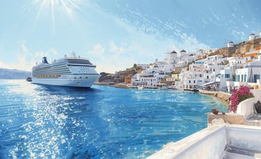 Navio de cruzeiro ancorado ao largo do porto de Mykonos, com moinhos de vento no topo da ilha ao fundo.