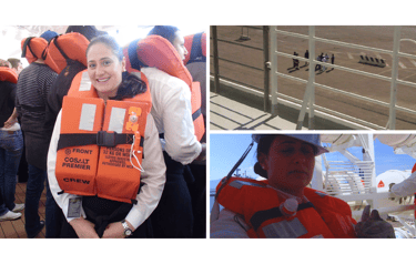 **Autora participando de um crew drill a bordo, treinando procedimentos de segurança e evacuação.**