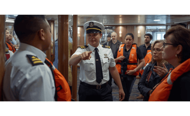 Drill em andamento com o oficial instruindo os passageiros a bordo do navio