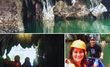 Autora e guia saindo da caverna subterrânea, com a entrada da caverna ao fundo.