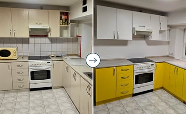 virtuvės spintelių dažymas – prieš ir po atnaujinimo