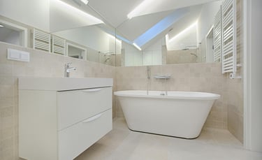 a bathroom with a bathtub and a skylight