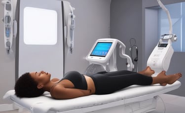 A close-up shot of a device being used on skin, featuring a transparent orange suction cap attached to a white handheld machine. The image provides a detailed view, focusing on the interaction between the device and the skin.