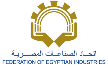 شعار اتحاد الصناعات المصرية: كفّان متقابلان يكوّنان قوسًا تتوسطه ترس ذهبي، وأسفل الشعار نص عربي «اتح