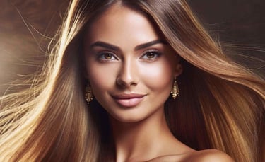 a woman with long and silky hair and earrings on her face