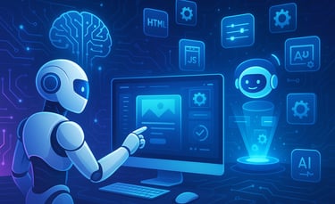 "AI-powered robot using digital interface for marketing automation, web development, SEO, and chatbo
