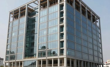 Architectural photography of a modern government building under construction in a Latin American city. Large scale infrastructure with steel beams and glass, professional construction site with workers in safety gear, bright daylight, sophisticated and reliable mood, colors including soft grey and blue grey.