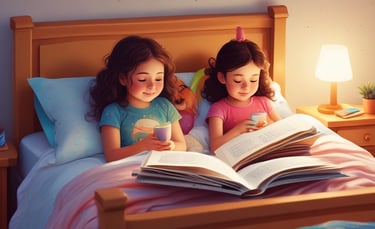 Five young children appear to be reading from various colorful books with illustrations on the covers. The children are seated closely together, engrossed in their books. Each child has distinct hair color and expression, contributing to a playful and whimsical atmosphere.