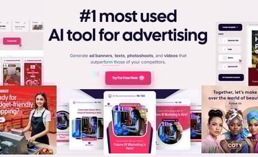 A text with no. 1 most used AI tool for advertising and a series of advertisement on the surface
