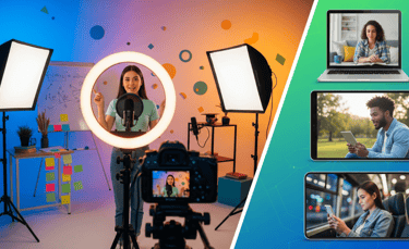A split-screen shows a content creator filming and students watching on various devices.