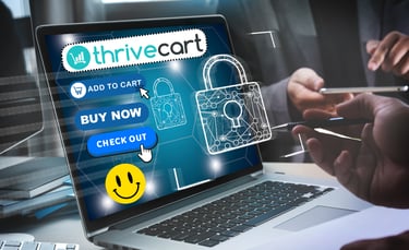 a laptop computer screen displaying Thrivecart, add to cart, buy now, check out with a smiling face
