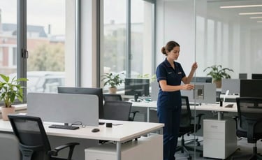 A bright, modern French office interior in Rouen, with large windows and clean white desks. A professional cleaner in a neat navy uniform is visible in the background, subtly polishing a glass partition. The atmosphere is calm, professional, and immaculate.