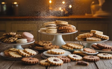 A beautifully arranged assortment of freshly baked cookies on a rustic wooden table. The display inc