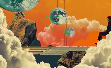 a man sitting on a bench in the clouds, illustration, intelligenza artificiale, content creation
