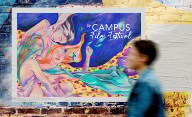 a woman walking past a poster of a woman with a painting of a woman