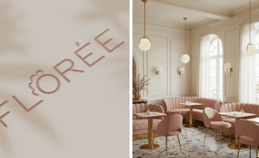 Floree Concept Dubai dining area featuring pastel pink chairs and golden table