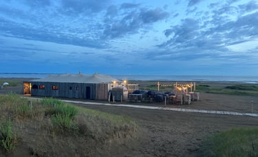 Bar de plage rustique et patio extérieur avec guirlandes lumineuses sur une plage de sable