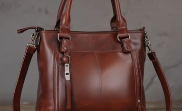 Two stylish bags with black and red leather accents are elegantly displayed on a patterned surface. The bags feature sleek designs with prominent black straps and zippers. The red sections have a glossy finish with a script-like embellishment.