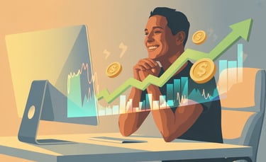 Happy man investing small amounts monthly, watching his wealth grow steadily over time.