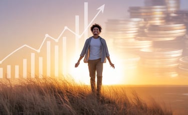 Happy man celebrating financial freedom, wealth, investing, trading, and passive income.