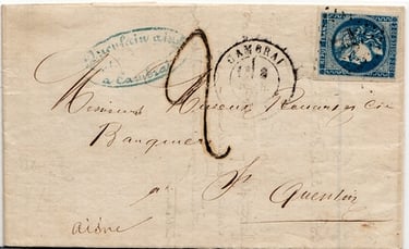 Letter mailed on 8 February 1871 in CAMBRAI (free zone) for ST QUENTIN (occupied zone).