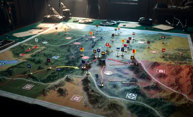 Vintage military strategy map with tactical markers and terrain details on a table.