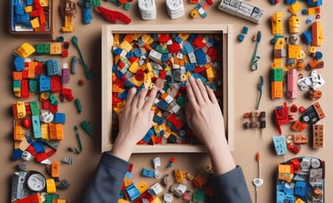 Hands assembling a rare LEGO train set, showcasing the hobbyist’s focus and care.