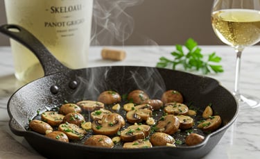 a skillet with mushrooms and wine in a skillet