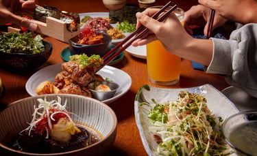 Temaki Sushi, Spiced Chicken Karaage, Shredded Veggies and Tofu with Horse Mackerel Sashimi