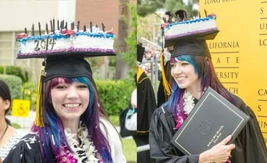 A fake cake on a graduation Cap