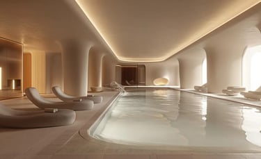 a long pool with lounge chairs and a lounge chair