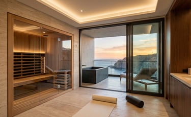 Luxury Hotel Recovery Suite with in-room infrared sauna and balcony cold plunge.