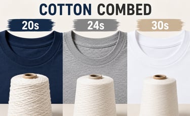 Comparison of cotton combed fabric weights 20s, 24s, and 30s displayed with t-shirt necklines and yarn spools.