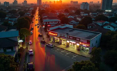 a city street scene with a sunset in the background