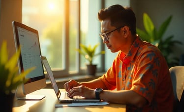 Seorag pria sedang berada di depan laptop untuk memeriksa biaya operasional kantor