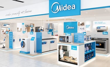 a display of a store with a blue and white sign