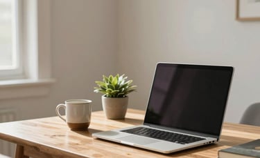 Interior photography of a bright home office in a North American suburb. A clean wooden desk holds a silver laptop, a ceramic mug, and a small potted plant. The walls are a soft off-white. Lighting is natural, warm, and inviting.