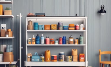 A small makeshift shop with an orange curtain draped over the entrance. Various colorful products, including snacks and household items, hang on display under a canopy that features a pattern resembling the American flag. The shop is situated on a dirt floor with concrete blocks forming part of the exterior walls. Wooden pallets and construction materials are scattered around the area.