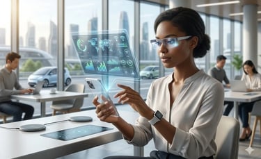  Empresária usando óculos inteligentes visualiza um painel holográfico de dados digitais.