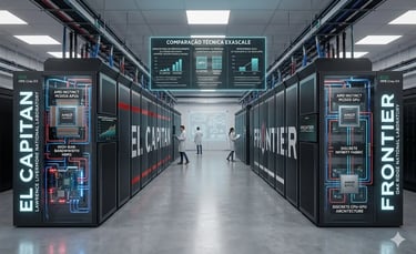 Corredor de data center com os supercomputadores exascale El Capitan e Frontier equipados com GPUs 