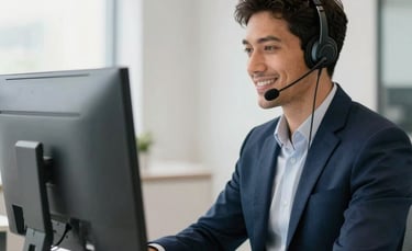 A high-end, modern tele-attendance office in South America. A professional person wearing a sophisticated headset smiles while looking at a monitor. The lighting is bright and natural, reflecting a professional atmosphere with a color palette of navy blue and off-white.