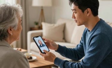 Photography of a warm North American / culturally diverse living room where a professional consultant in a soft navy blue sweater is showing a digital profile to a senior homeowner. The lighting is bright and natural, creating a trustworthy and calm atmosphere.
