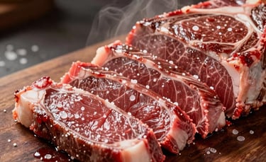 Close-up of a juicy Picanha steak being sliced on a dark wood board, coarse salt crystals visible, steam rising, warm sophisticated lighting, Deep Carmine Red and Parchment tones, professional food photography in a South American setting.