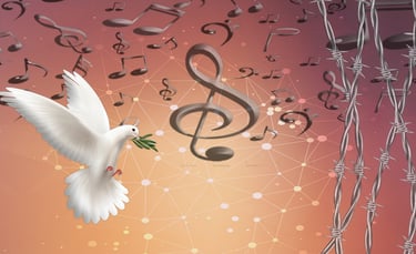 Eine Taube mit Musiknoten und Stacheldraht.