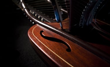 Close-up of the soundboard of the "Jazzy-Kora" pedal chromatic kora 