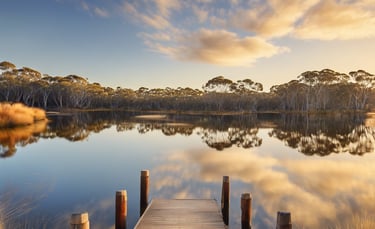 a wooden dock with a wooden dock and a cloudy sky